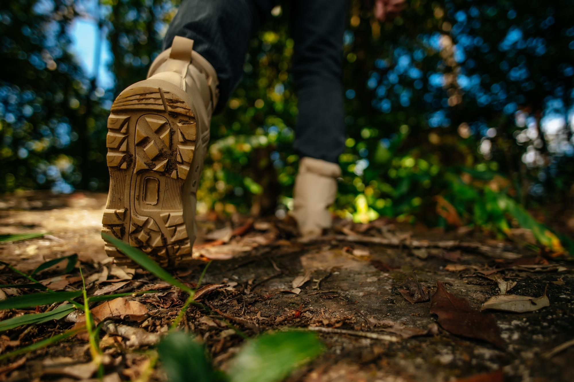 El Camino de San Juan de la Cruz cierra zapatos hiker caminando sendero bosque espacio copiar luz sol El Camino de San Juan de la Cruz